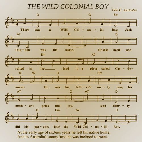 image of sheet music for wild colonial boy ballad