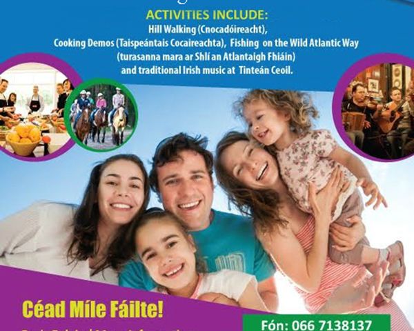 Irish language course poster for CFLT Cloghane Brandon showing a family and list of activities, Dingle Peninsula Co.Kerry Ireland